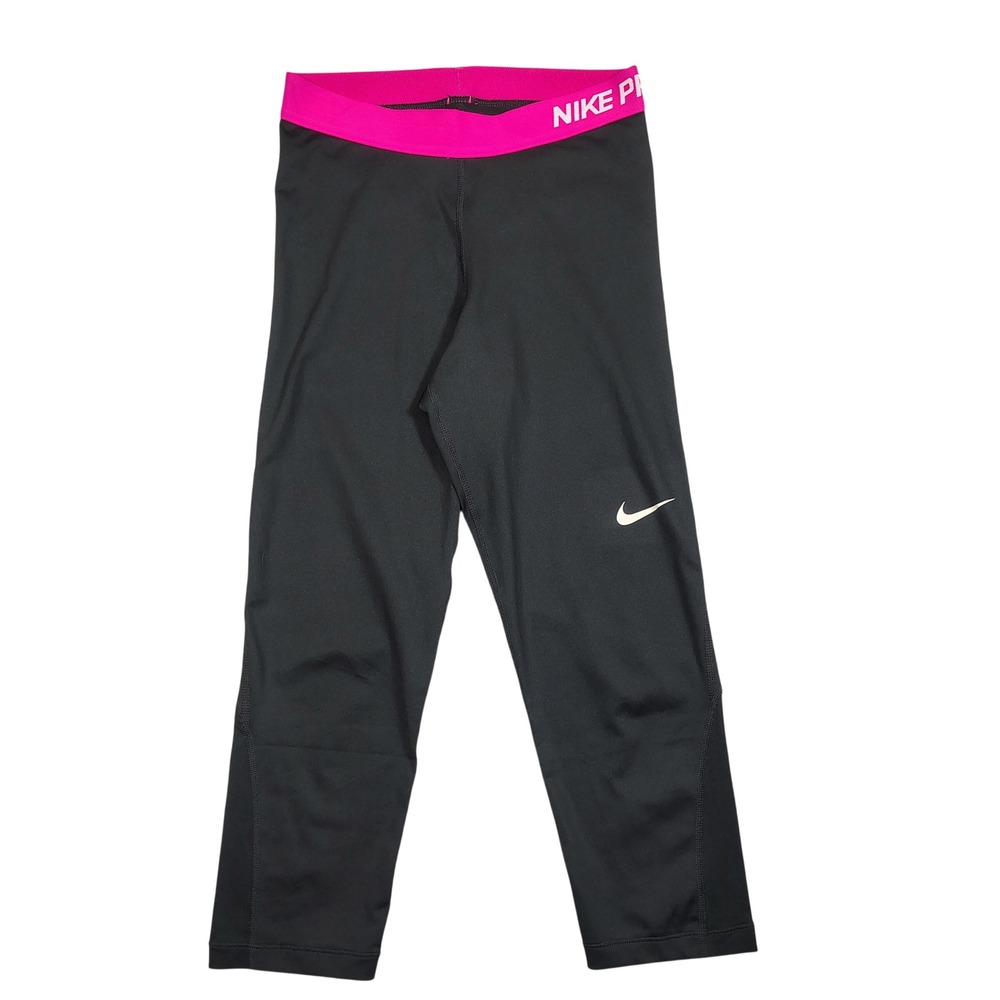 Nike Pro Capri Leggings Womens Medium Black Pink Logo Waistband Solid Polyester